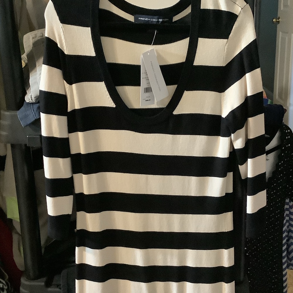 French Connection Black and Cream Bambi Striped Dress, 10